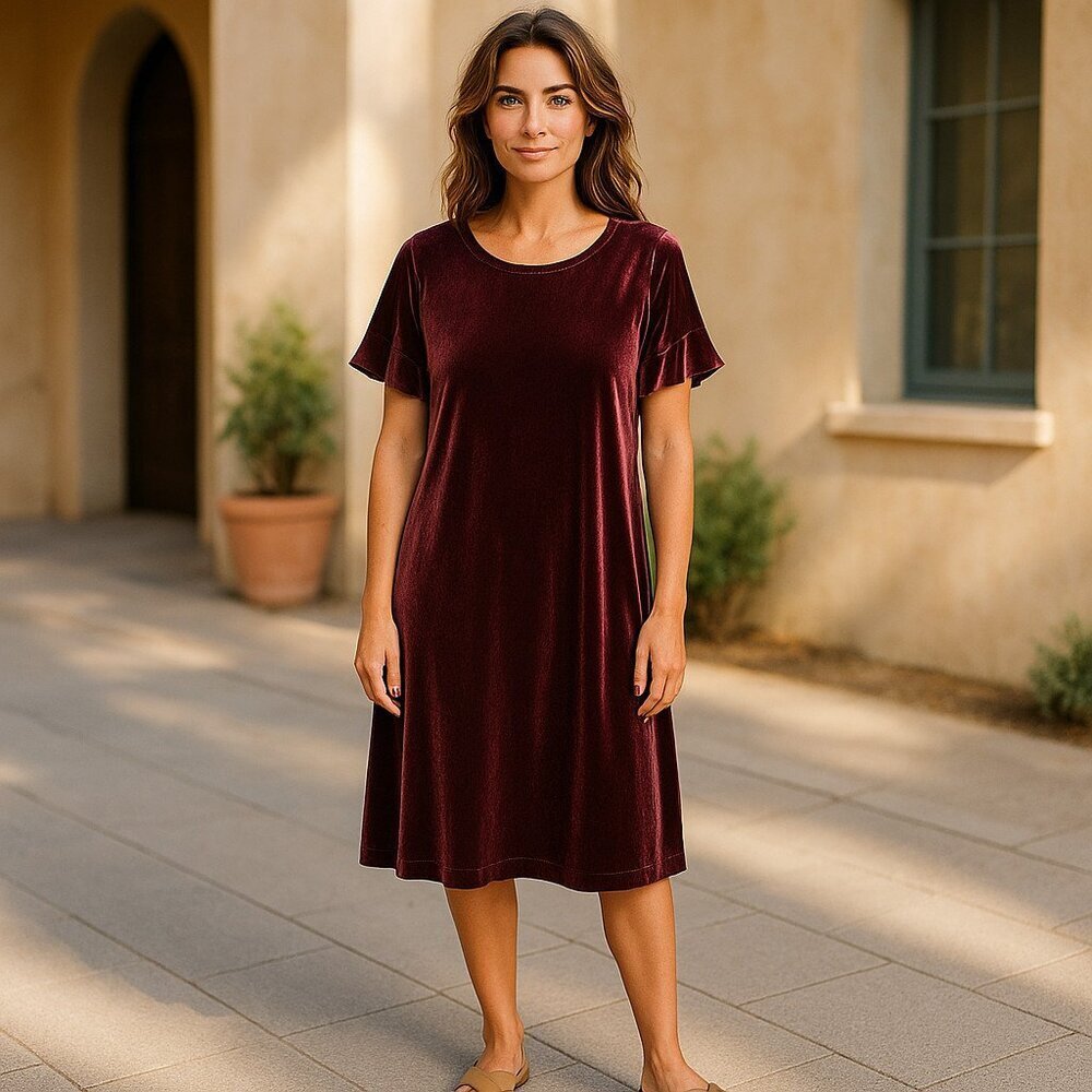 Worthington Plum Velvet Flutter Sleeve Dress Ladies XL Midi Length Event Holiday